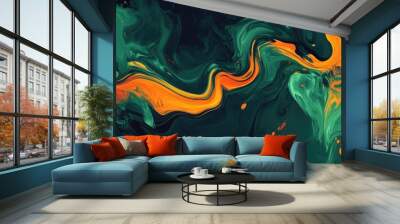 Abstract artistic design featuring vibrant green and orange tones with chaotic wavy curves Ideal for wallpaper or artistic cover templates with a grunge graffiti doodle style Wall mural