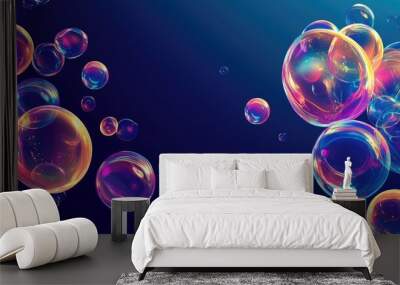 Abstract background of colorful soap bubbles against a dark blue backdrop Vibrant soapy foam overlay template featuring a striking 2D cartoon design Wall mural