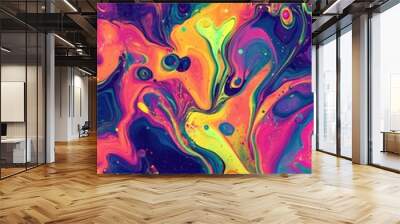 Abstract wavy texture with vibrant splashes of liquid paint Psychedelic and distorted design featuring colorful artistic elements Digital illustration suitable for creative projects Wall mural