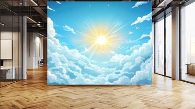 Bright morning sky featuring fluffy white clouds and a shining sun with a blue horizon and a 2D cartoon nature backdrop representing a sunny spring day for environmental awareness Wall mural