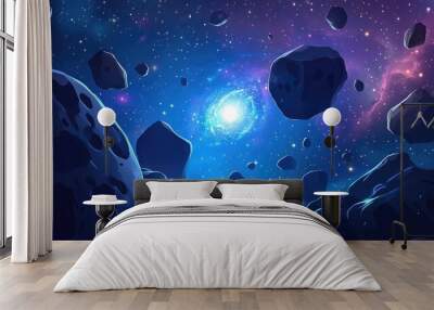 Cartoon blue space backdrop featuring a luminous galaxy nebula floating rocks and planets in a dark starry sky Depiction of a new star s birth in a fantastical alien cosmos 2D illustration Wall mural