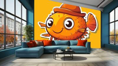 Cartoon Orange Puffer Fish with Hat Cute and Funny Character Flat Design Stickers Wall mural