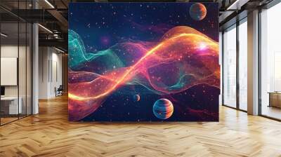 Colorful abstract background featuring luminous shapes and wave designs A burst of stars against a cosmic backdrop with illustrations of planets in a distant solar system Wall mural