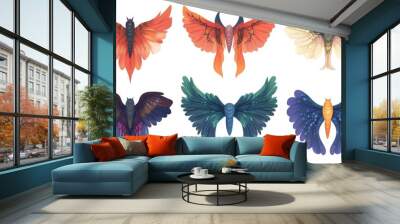 Colorful cartoon wings of fantasy creatures and animals featuring unique designs Isolated 2D illustration showcasing whimsical wing pairs Wall mural