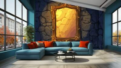 Enchanting golden framed mirror against a stone wall at night A whimsical 2D cartoon illustration depicting a wizard or witch s room in a medieval castle with a mystical glow and reflection Wall mural