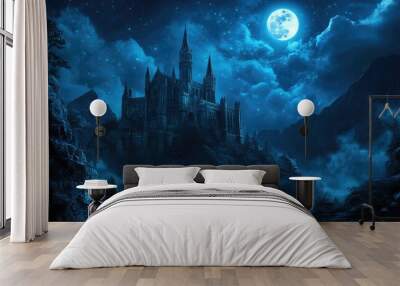 Fantasy illustration of a castle under the night sky Wall mural