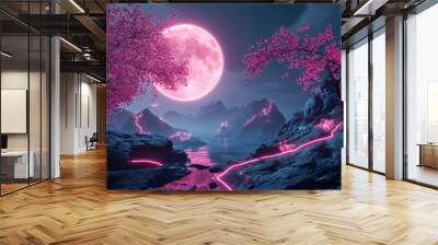 Fantasy night landscape featuring a large moon sakura branch and glowing pink neon elements 3D digital artwork Wall mural