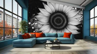 Fantasy sunflower mandala artwork illustration on a black and white t shirt Wall mural