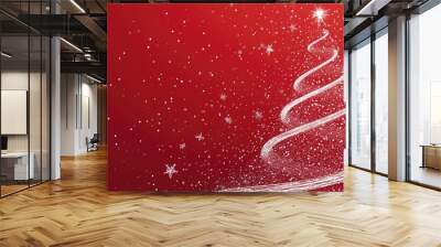 Illustration of a Christmas tree created with a spiral white line on a red backdrop featuring falling snowflakes and lights Represents the holiday spirit and New Year celebration Wall mural