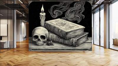 Illustration of enchanted books a skull and a wax candle with flame and smoke Hand drawn engraving in medieval style capturing themes of fantasy occultism alchemy and horror Wall mural