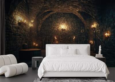 Interior of a mysterious dungeon featuring torture tools and dark furnishings illuminated by candlesticks designed as a backdrop for games and Halloween themed visuals 3D illustration Wall mural