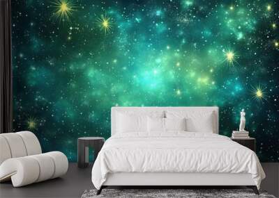 Light blue and green 2D cartoon template featuring sparkling cosmic stars Abstract illustration ideal for creating celestial backgrounds Wall mural