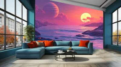 Panoramic view of a surreal landscape featuring a vibrant sunset showcasing a distant planet with a shimmering sea and atmospheric effects rendered in 3D Wall mural