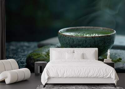 Passion for matcha green tea against dark backdrop Wall mural