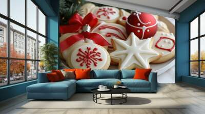 Plate of Christmas themed cookies featuring a red bow white star red ornament and pine sprigs against a white background Wall mural