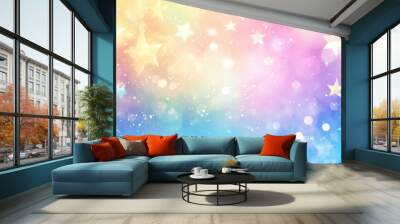 Rainbow gradient sky backdrop featuring a whimsical unicorn theme with glitter and stars Holographic pastel texture complemented by a bokeh effect perfect for 2D cartoon wallpaper Wall mural