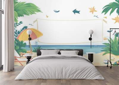 Summer beach theme illustration featuring a blank banner set against a clean white background Wall mural