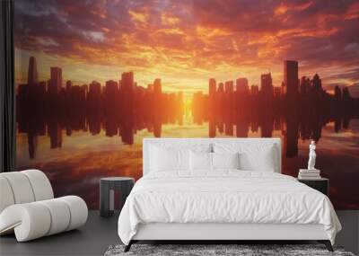 Sunset skyline mirrored on water s surface Wall mural