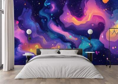 Vibrant 2D cartoon texture featuring a whimsical illustration of space Enchanting splash with a blend of violet and psychedelic colors created using random color spots Wall mural