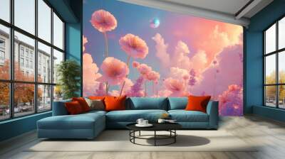 Whimsical dreamlike scenery featuring unique flowers and a celestial body amidst a cloud filled sky Wall mural