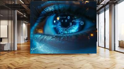 Close-up of a human eye with digital blue data and code reflected in the pupil. Wall mural