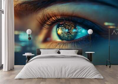 Close-up of a human eye with digital code reflected in the iris. Wall mural