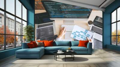 Professional Developer programmer working a software website design and coding technology, writing codes and database in company office, Global cyber connection technology Wall mural