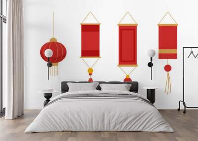 Vector set of chinese traditional lucky knot tassel hanging mascot decoration with gold and jade disks Wall mural