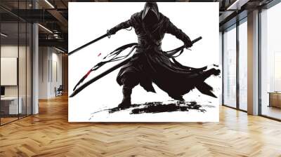 A hooded figure wielding two swords in a dynamic pose, a splash of red paint suggesting bloodshed. Wall mural