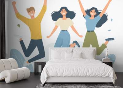 cartoon of young people jumping for joy in a flat design style Wall mural