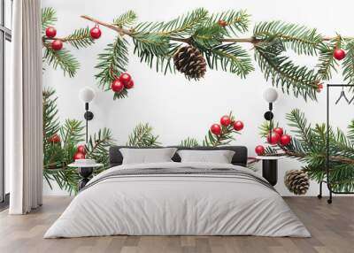 Christmas garland made of coniferous branches isolated on white background  Wall mural