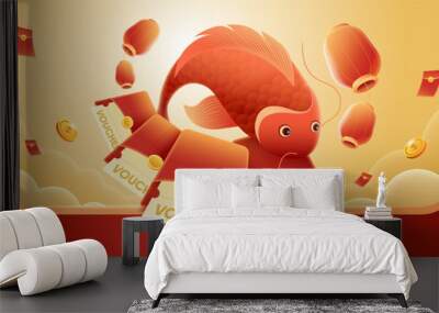 Lucky carp and lucky money envelopes to celebrate Lunar New Year Wall mural