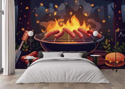 A barbecue grill with hot dogs and hamburgers cooking Wall mural