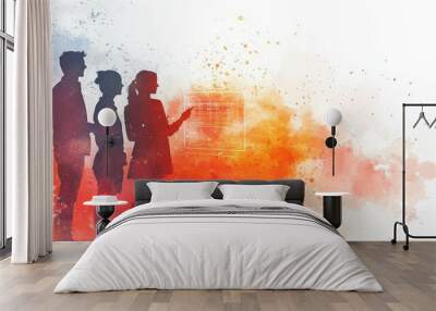 A colorful abstract illustration depicting three silhouettes of people standing together, set against a vibrant splatter background. Wall mural