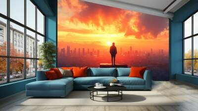 A dramatic cityscape with a person standing on a rooftop, contemplating their future ambitions and the strategic plans needed to achieve them Wall mural