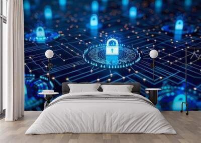 A glowing blue circuit board with a central lock icon. Wall mural