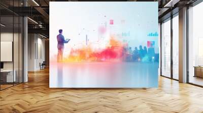 A watercolor illustration of a business leader presenting a future plan to a group of executives, with colorful graphs and charts illustrating growth strategies. The atmosphere is collaborative and Wall mural