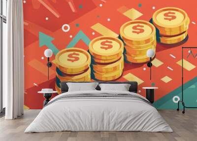 An illustration of stacked coins with dollar signs against a colorful background, suggesting financial growth and investment. Wall mural