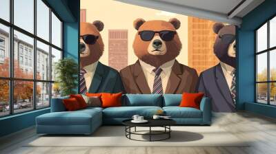 business team of Bear in a business outfit with a bold patterned tie, pastel skyscraper background, confident and trendy executive with text copy space Wall mural