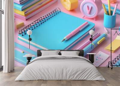 Colorful 3D cartoon stationery set with notebooks, pens, and sticky notes, perfect for organized school days Wall mural