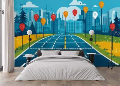 Colorful Road Map with Location Pins and Cityscape Background Wall mural