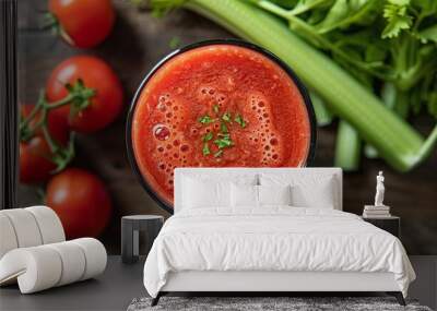 Design a flat lay of a glass of chilled tomato juice with celery Wall mural