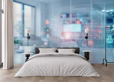 Detailed diagram of a secure business network with firewalls and intrusion detection systems Wall mural