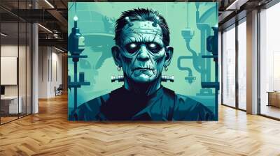 Flat design Halloween Frankensteins monster with bolts, stitched skin, and spooky lab setting Wall mural