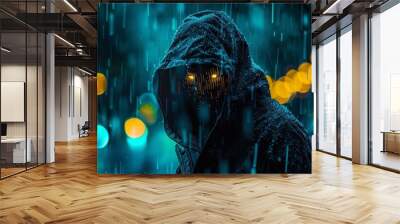 Mysterious figure in a hooded jacket with glowing eyes standing in the rain, neon lights in the background creating a moody atmosphere. Wall mural