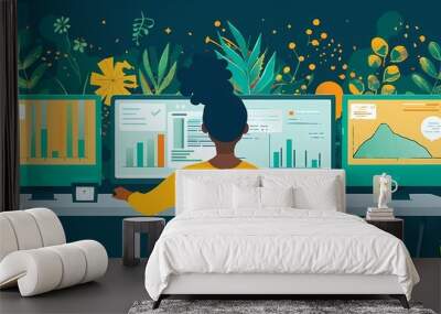 Picture a flat design of a person researching green investments in the digital space Wall mural