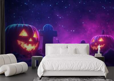 Spooky Graveyard with Glowing Jack-o'-Lanterns Wall mural