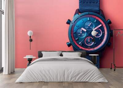 sports watch in the lowerright third against a minimalist pastel pink background Wall mural