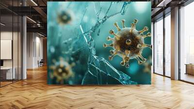 Virus particles emerging from shattered glass, symbolizing outbreak, virus, concept of a virus breaking free and spreading Wall mural