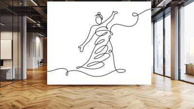 Beautiful woman in long flowing dress continuous line art drawing style. Girl wearing luxury bridal gown isolated on white background. Vector illustration minimalist black linear sketch. Wall mural